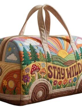 Retro Van Shape Quilted Duffle Printed Bag,Colorful Hippie Peace Sign, Wild Desi